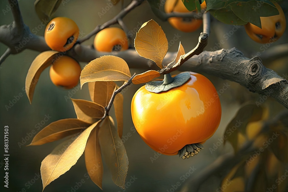 Diospyros kaki, an Oriental persimmon, bears fruit in the late autumn. Diospyros kaki, ripe on a bra