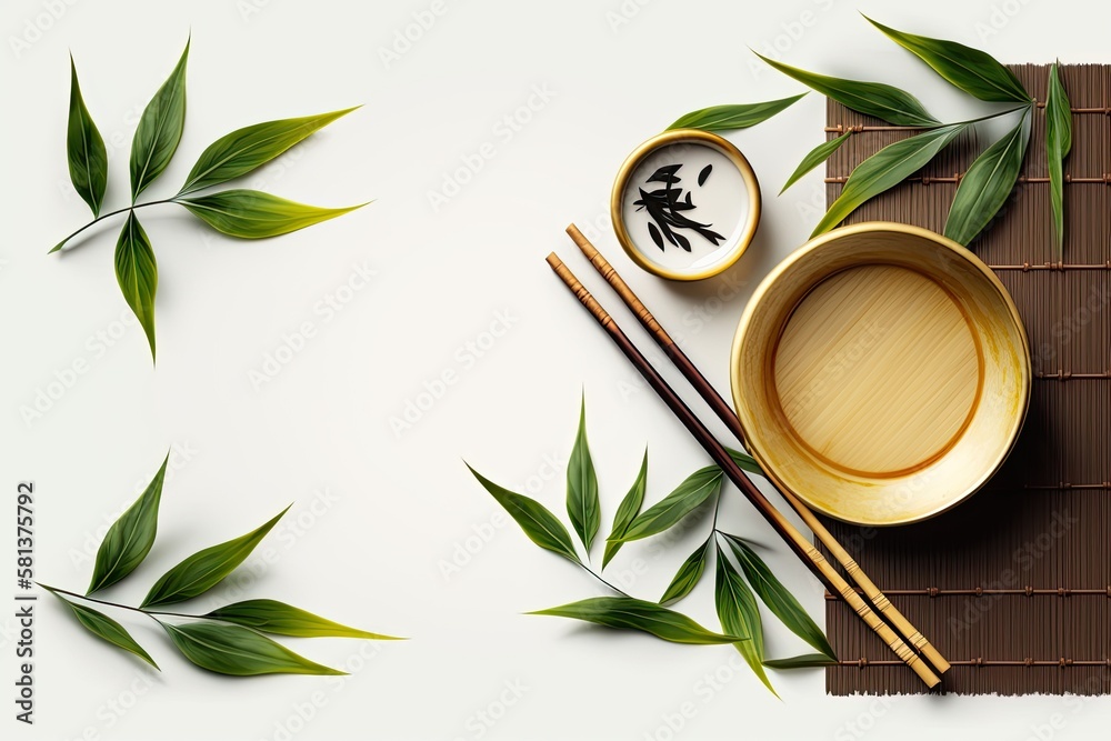 Chopsticks, a bamboo mat, and bamboo leaves on a white background this is an Asian food background. 