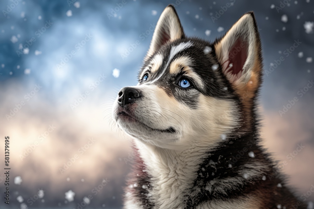 Young, contented Husky puppy looking upward in wintertime against a snowy background. Generative AI