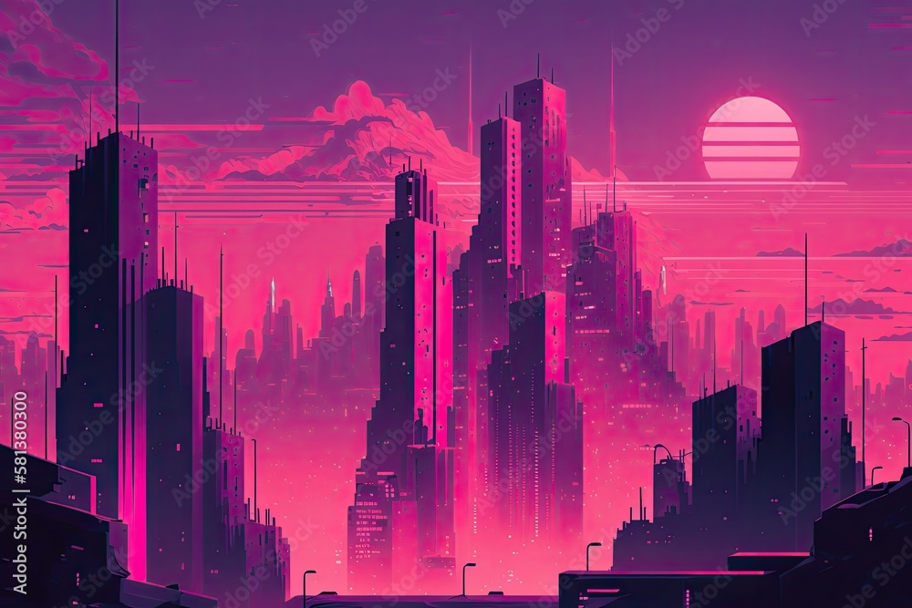 Retro futuristic abstract pink and violet cityscape. innovative idea. upcoming city Illustration of 