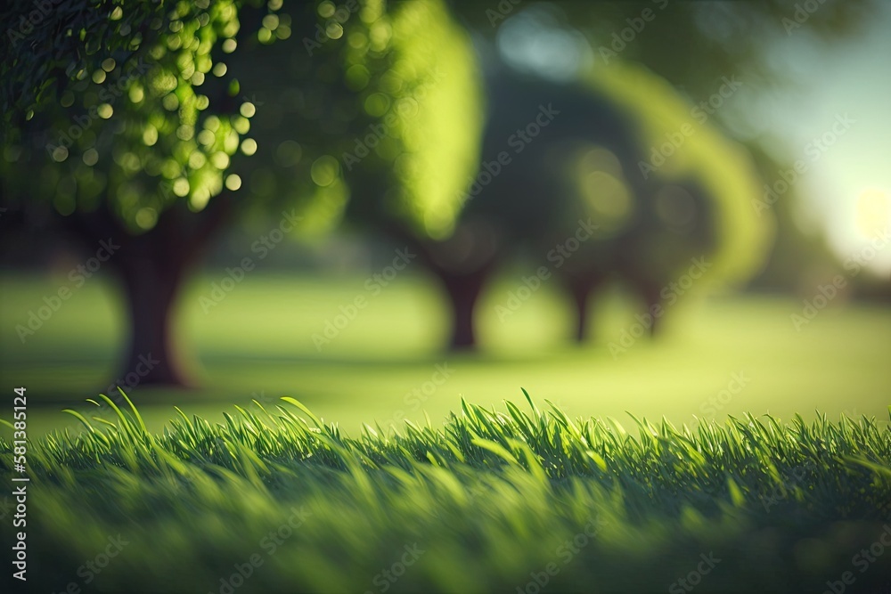 grassy lawn with greenery. Defocused line trees with grassy field in the backdrop. Generative AI