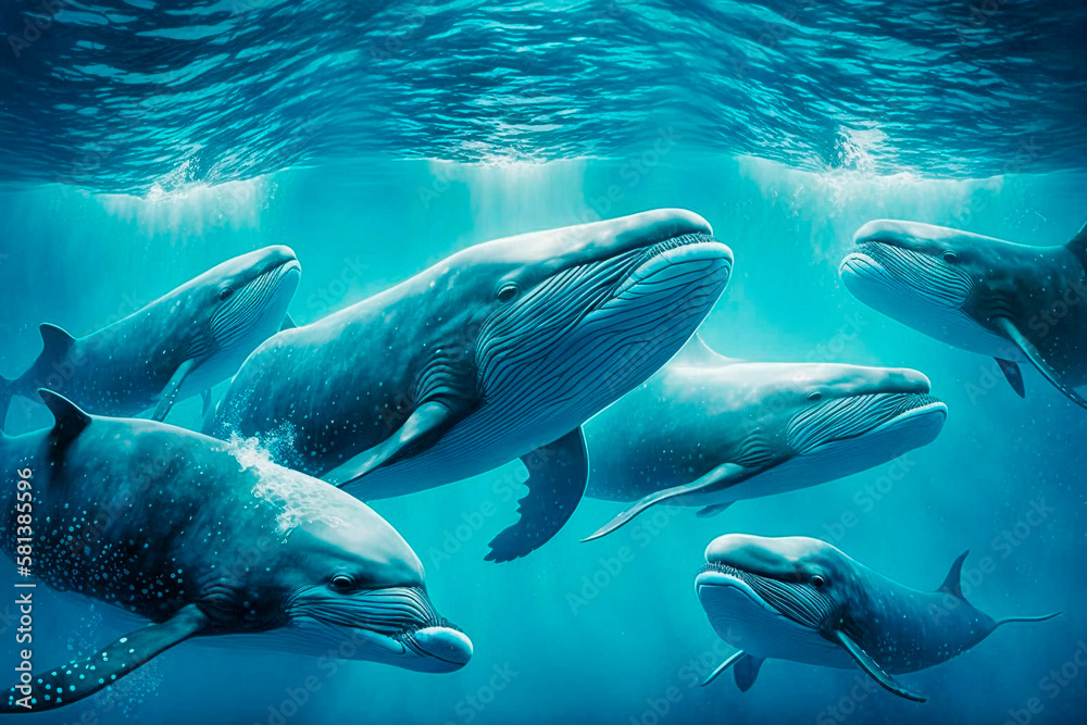 A pod of whales swimming in a clear blue ocean, generative ai