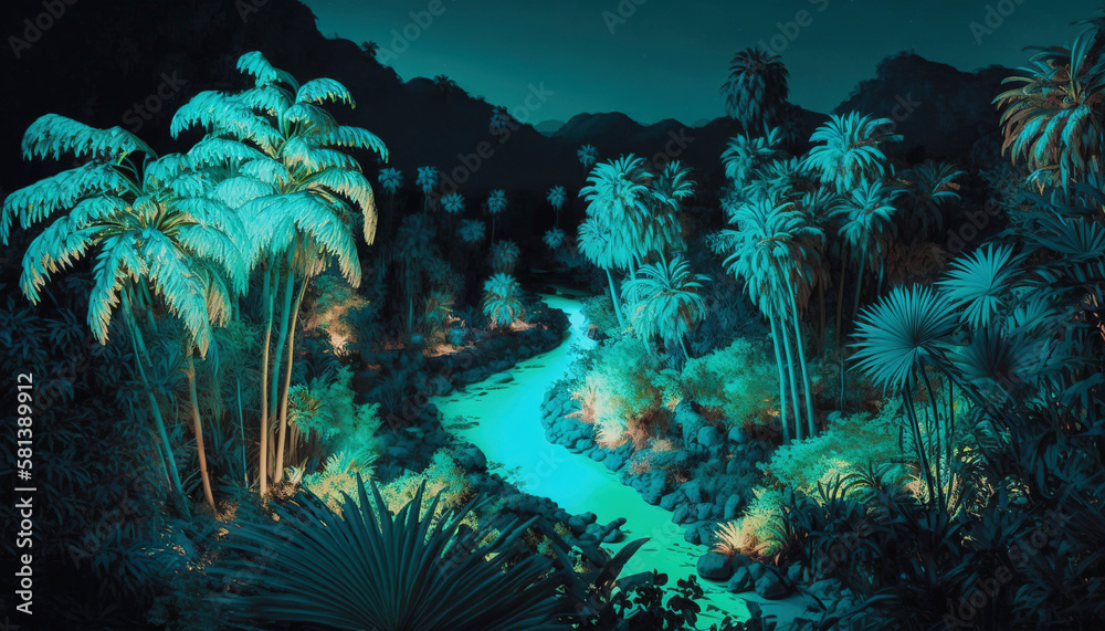 Tropical jungle in vibrant gradient neon colors. Synthwave rain forest. Generative AI