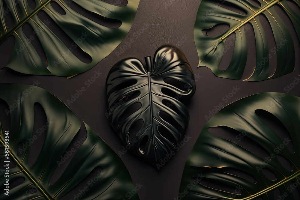 Flatlay of black shiny monstera leaves on a background of dark paper. unusually creative and opulent