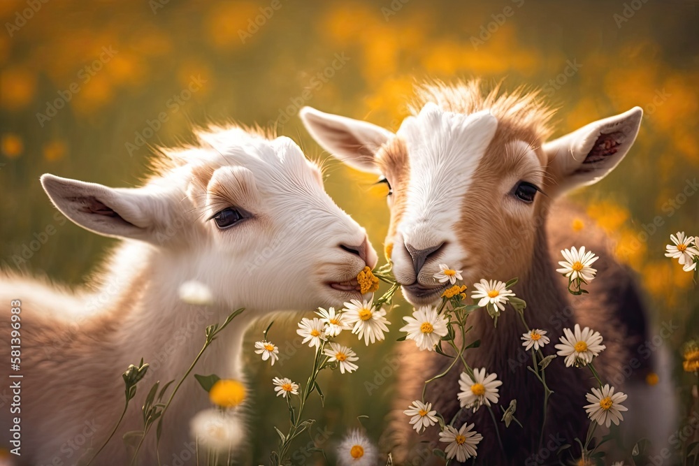 Two cute young goats playing with flowers in a field. animal farm. Generative AI