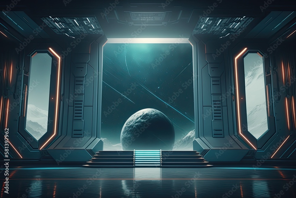 empty stage in the future. Sci fi interior concept with modern background technology from the future