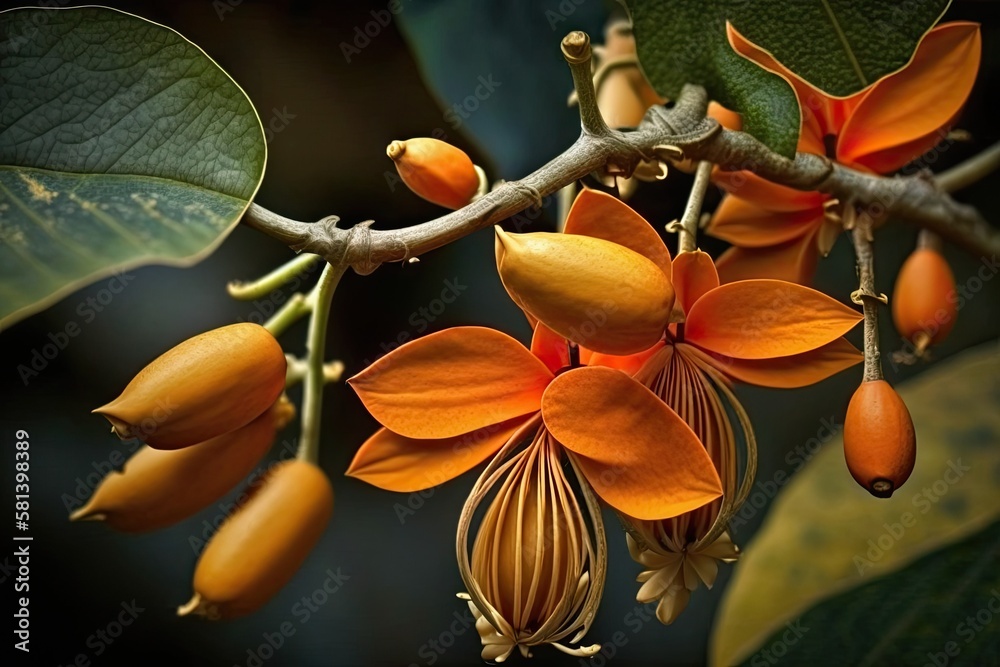 Mucuna bennettii, the orange flower of the Newguinea Creeper,. Generative AI