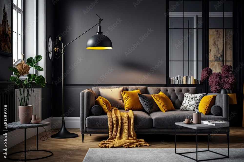 Stylish living room interior with comfortable sofa and floor lamp. Generative AI