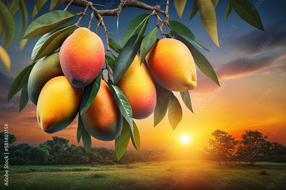 Thai mangoes in a bunch, tropical fruit hanging from a tree with green leaves, and a stunning sunset