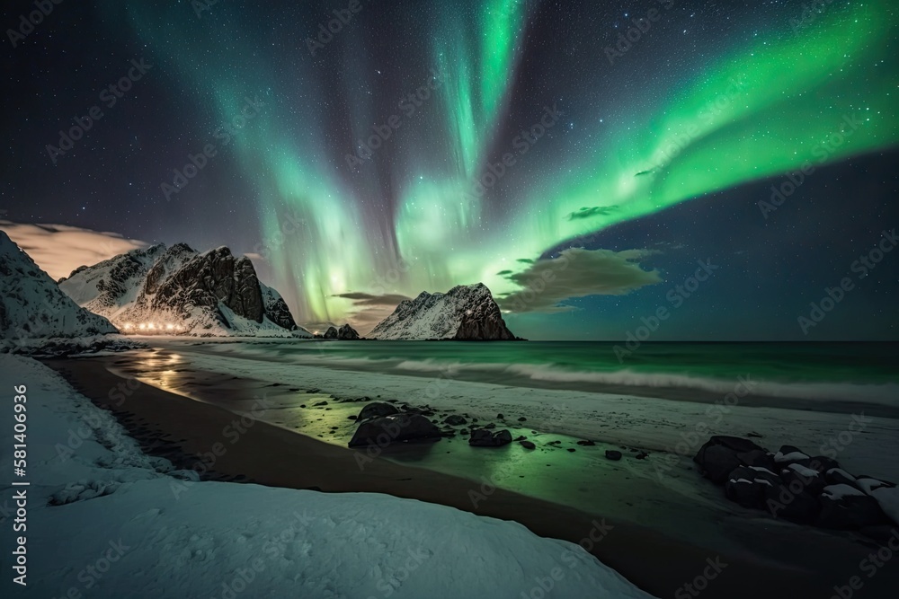 On the night sky, Northern Lights. Aurora Borealis over the Lofoten Islands Skagsanden beach. Norwa