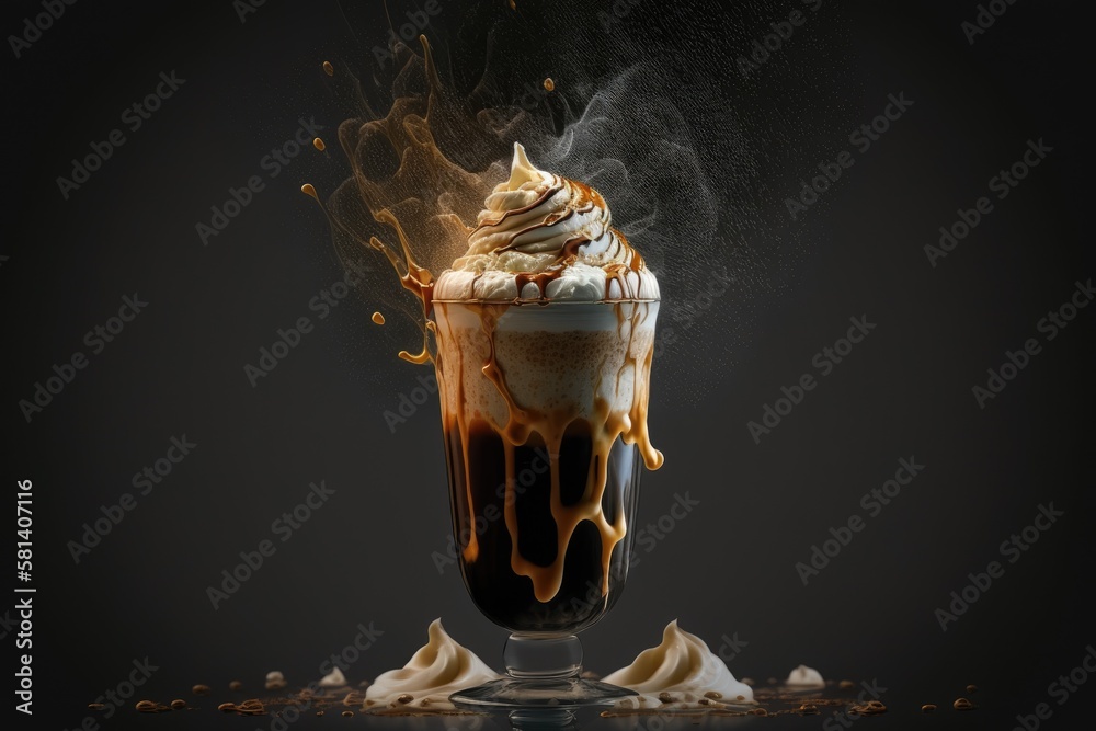 Dark background with a cup of cold coffee with cream. Generative AI