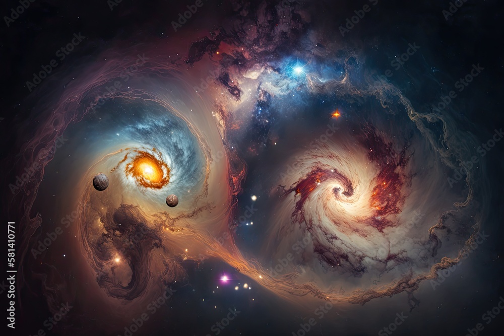 galaxies and nebula in space. NASA provided the planet and galaxy portions of this image. Generative