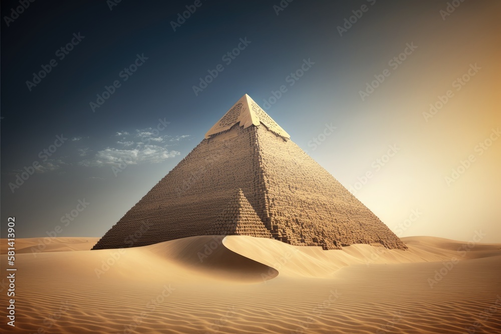 Egyptian pyramid with a clear sky, amidst a desert of sand. Generative AI