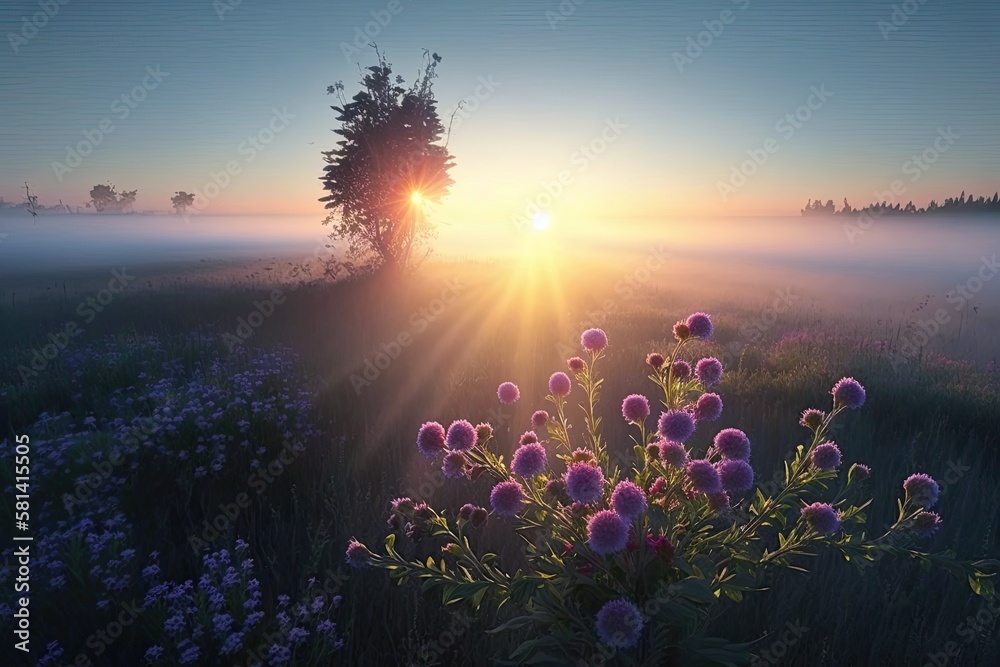 rural summer scene with a rising sun, a flowering meadow, and fog. view of the sunrise. Generative A