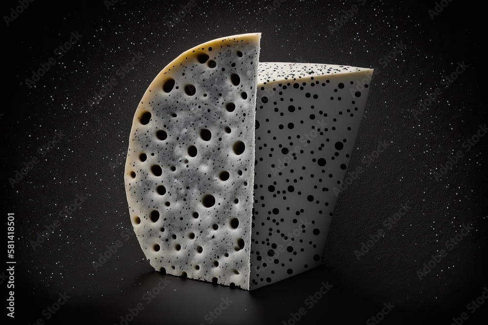 Close up, isolated white bread slice on a dark background. a piece of bread with holes and a rough, 