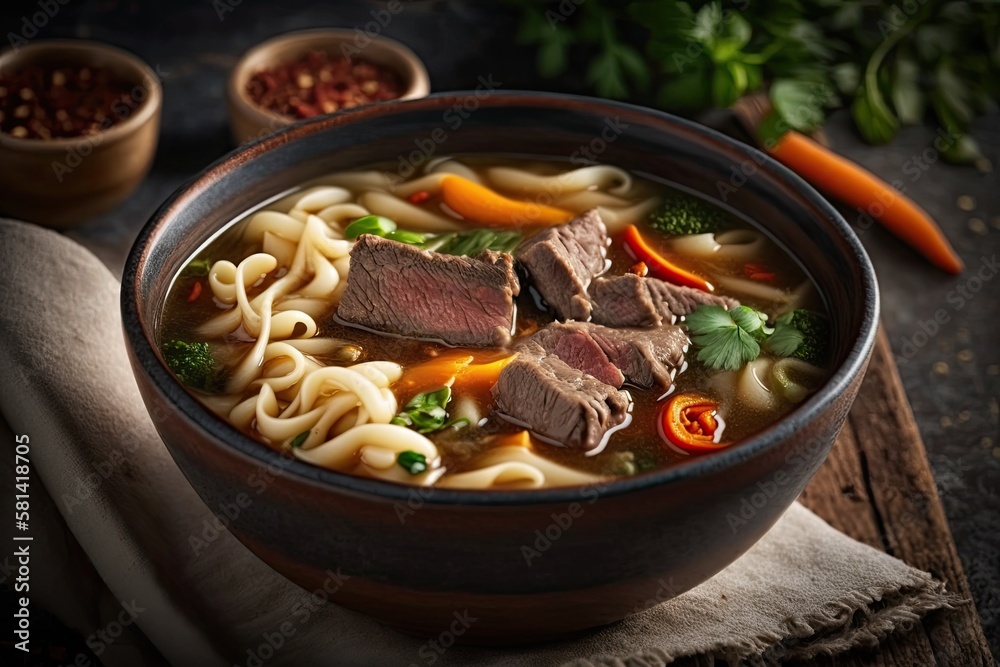 Delicious Asian soup with meat and noodles. Closeup. Generative AI