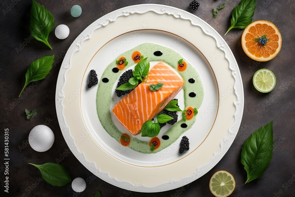 Salmon with caviar, greens, and cucumber on a white platter with basil leaves and a creamy sauce. cu