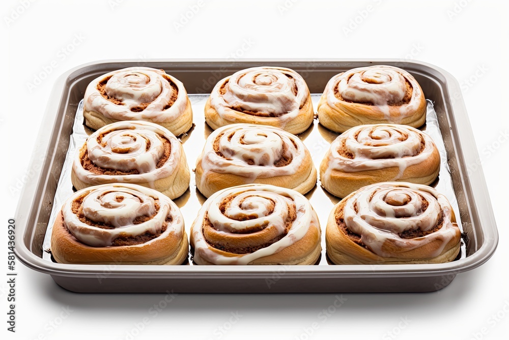 Cinnabon buns just out of the oven against a white background. Generative AI