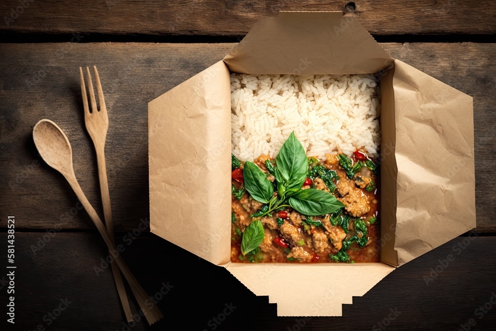 Asian takeout delivered. Top view of a paper package with stir fried pork and basil with rice on a w