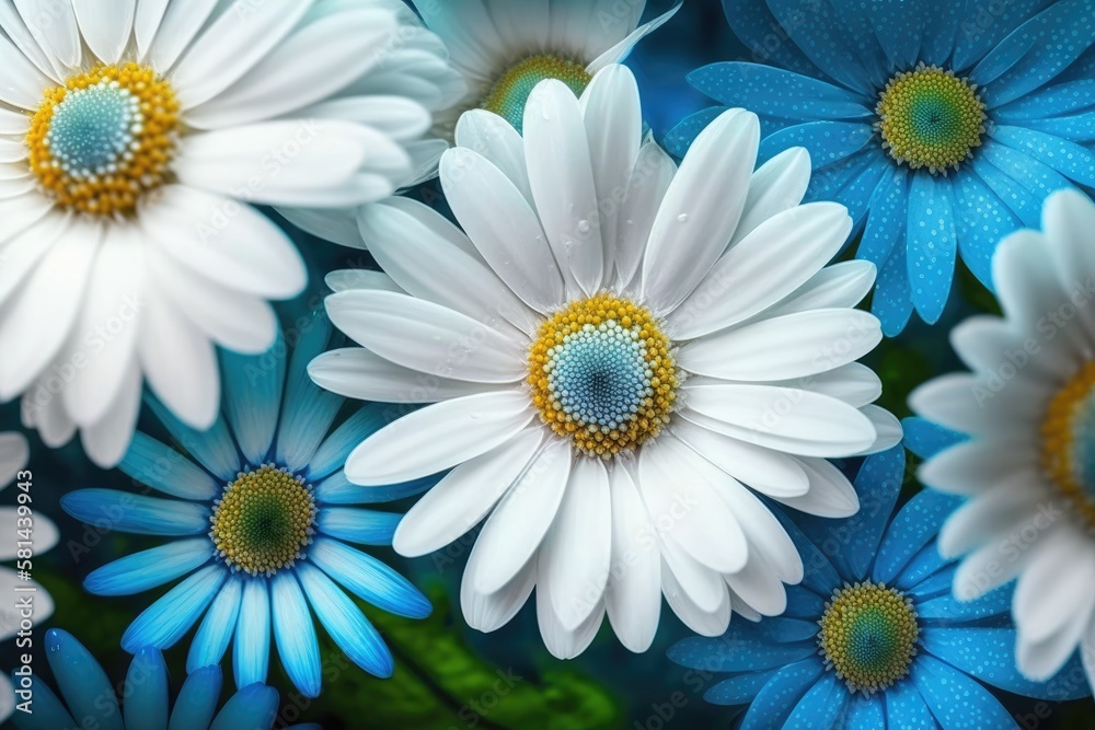 White daisies are in bloom. background with blue flowers. Close up. Nature. Generative AI