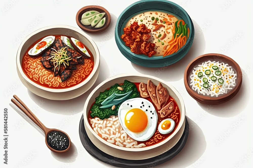 Combo Set of Korean food. Bibimbap (Mixed rice), Jjamppong (Korean noodle soup with gochutgaru (chil