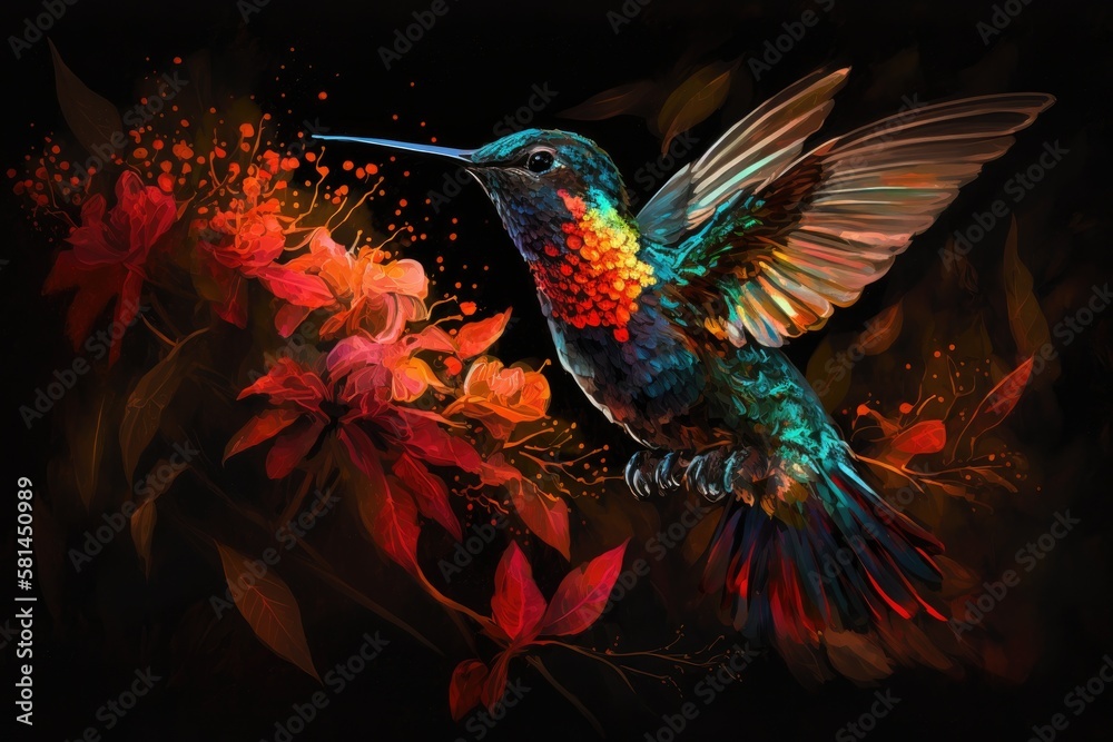 The shiny colored, fiery throated hummingbird Panterpe insignis is in flight. Bird consumes liquid f