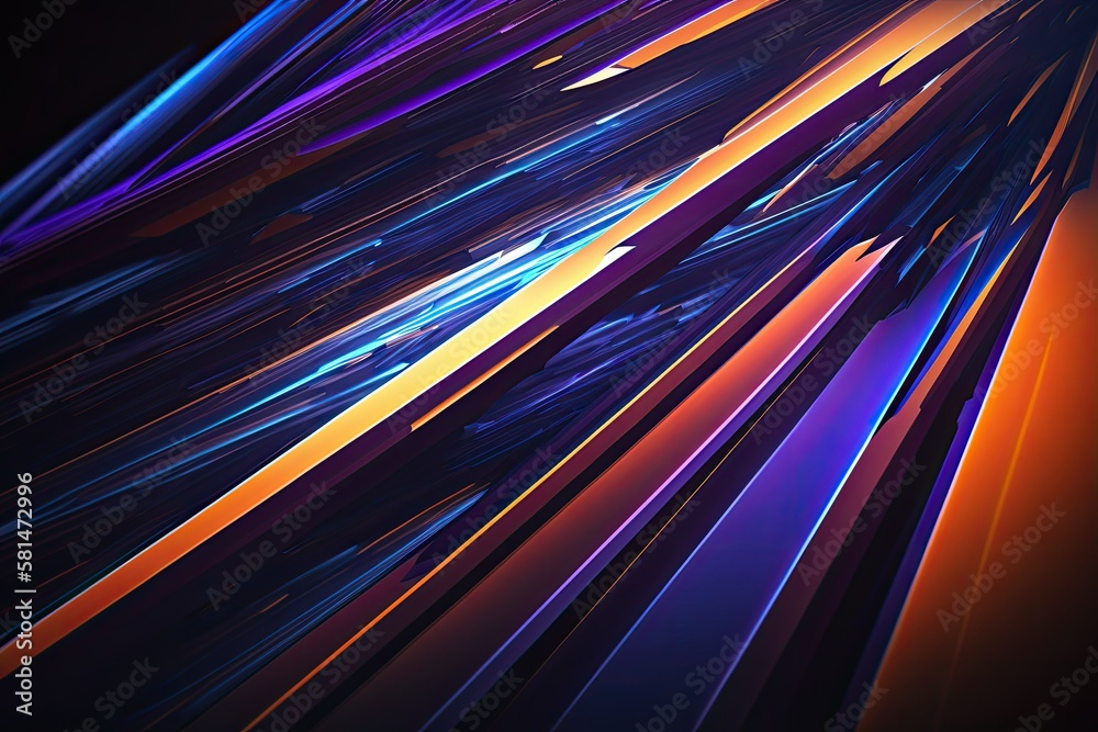 Blue, Purple, and Orange Slanted Light Streaks Glowing Straight Lines in Abstract Futuristic Art Bac