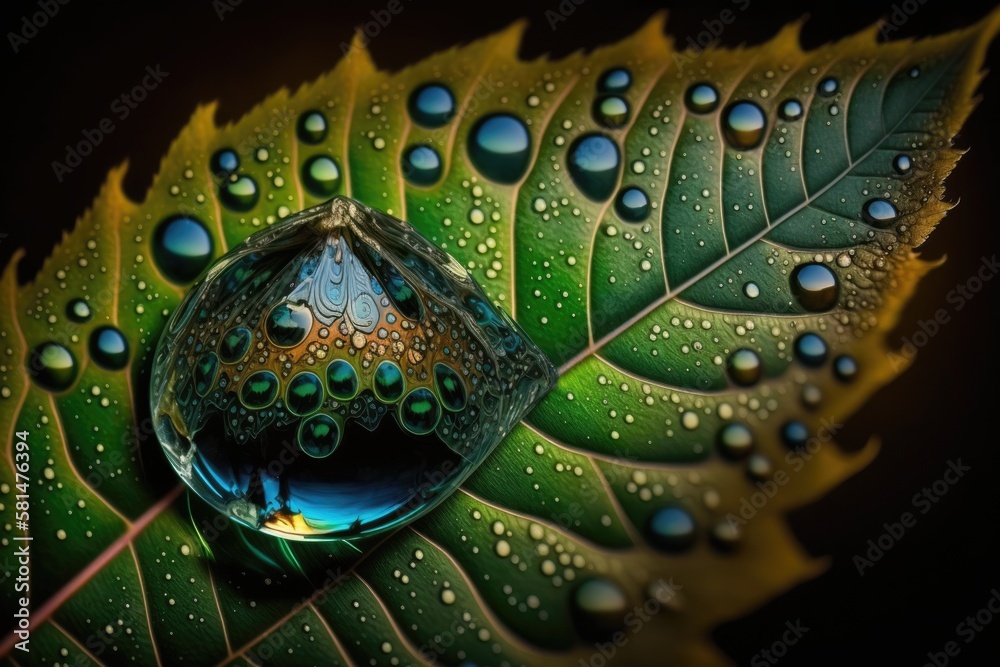 macro photography of a water drop on a leaf. Generative AI