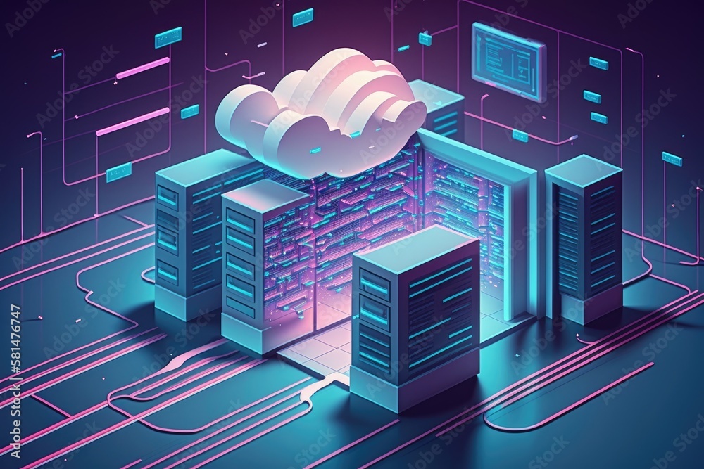 image of a server room with forms and data processing. An illustration of servers and the cloud comp