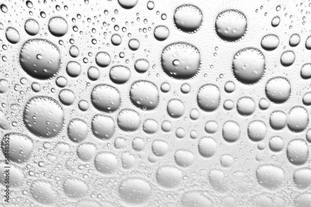 Texture of water drops on a white background. water droplets on the backlit glass. water with bubble