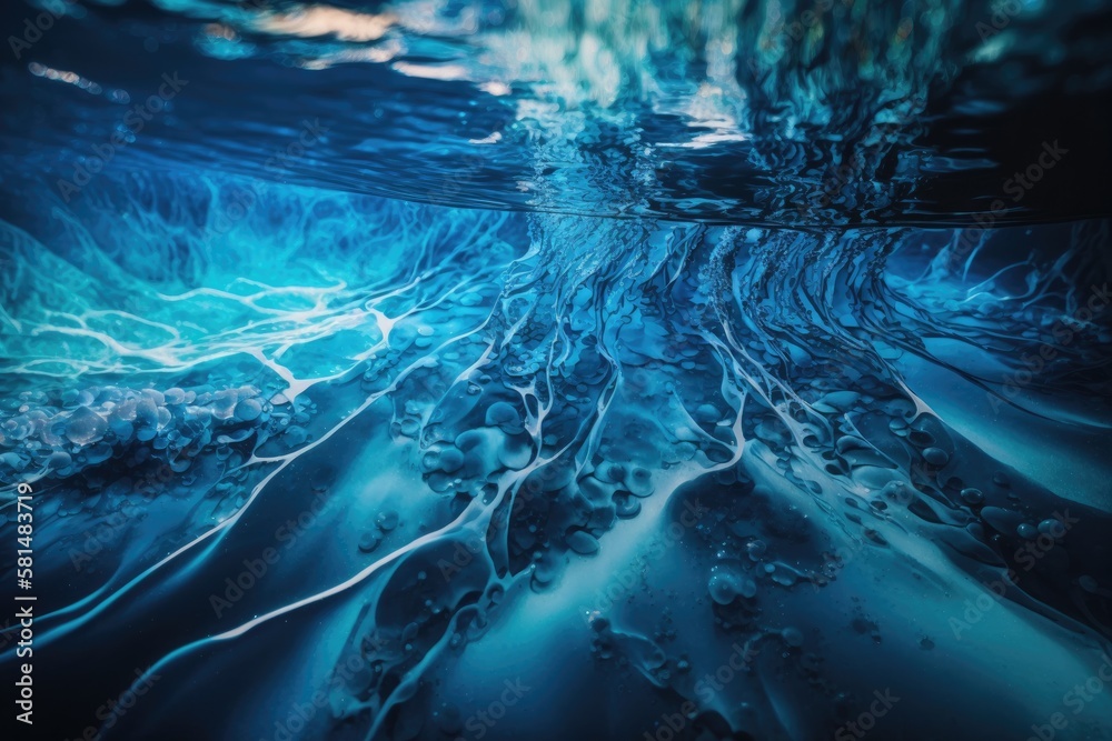 blurry close up of surface water in blue. Abstract of blue waters surface that is reflected in the 