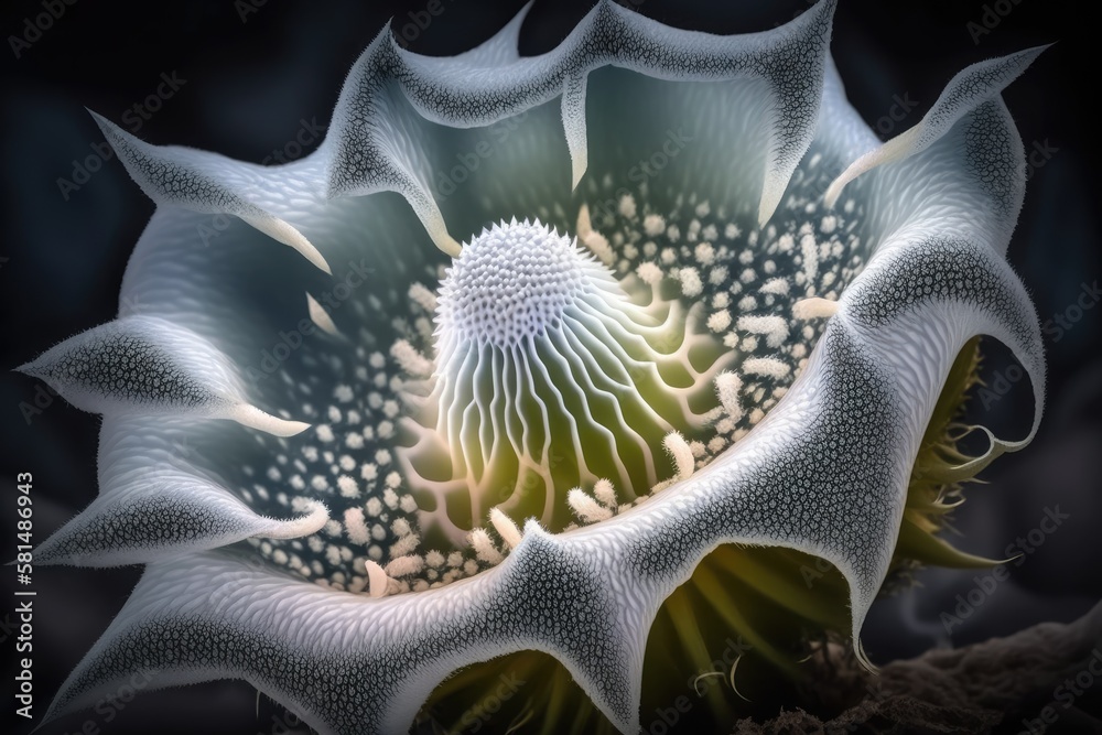 Dutchmans Pipe has a big, white flower head that blooms at night. Glacier and soft frosty close up 