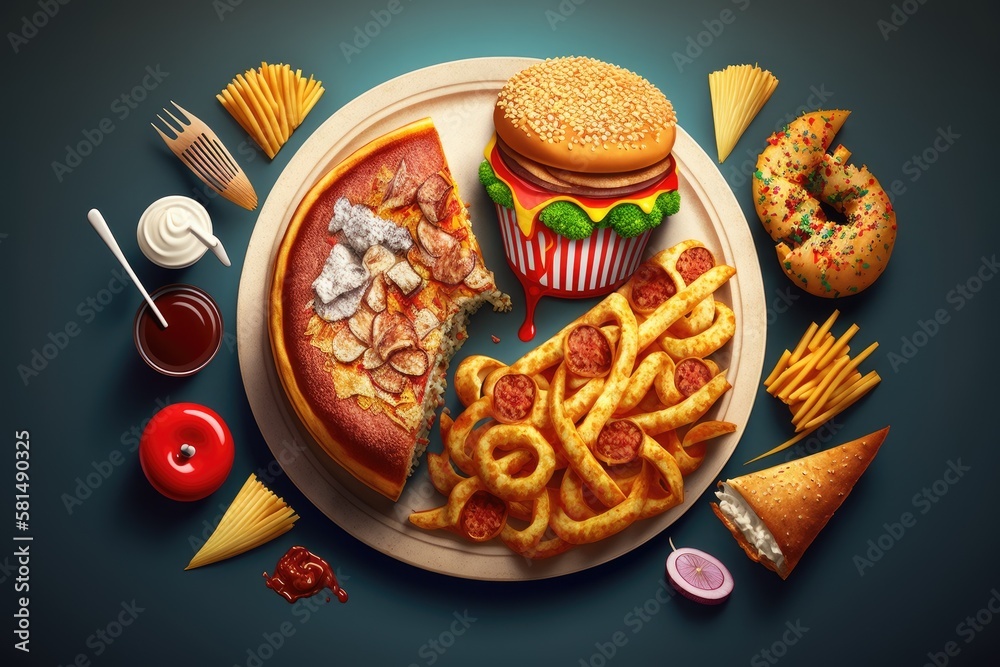 Fast food diet concept served on a plate of greasy fried take out as onion rings burger and hot dogs