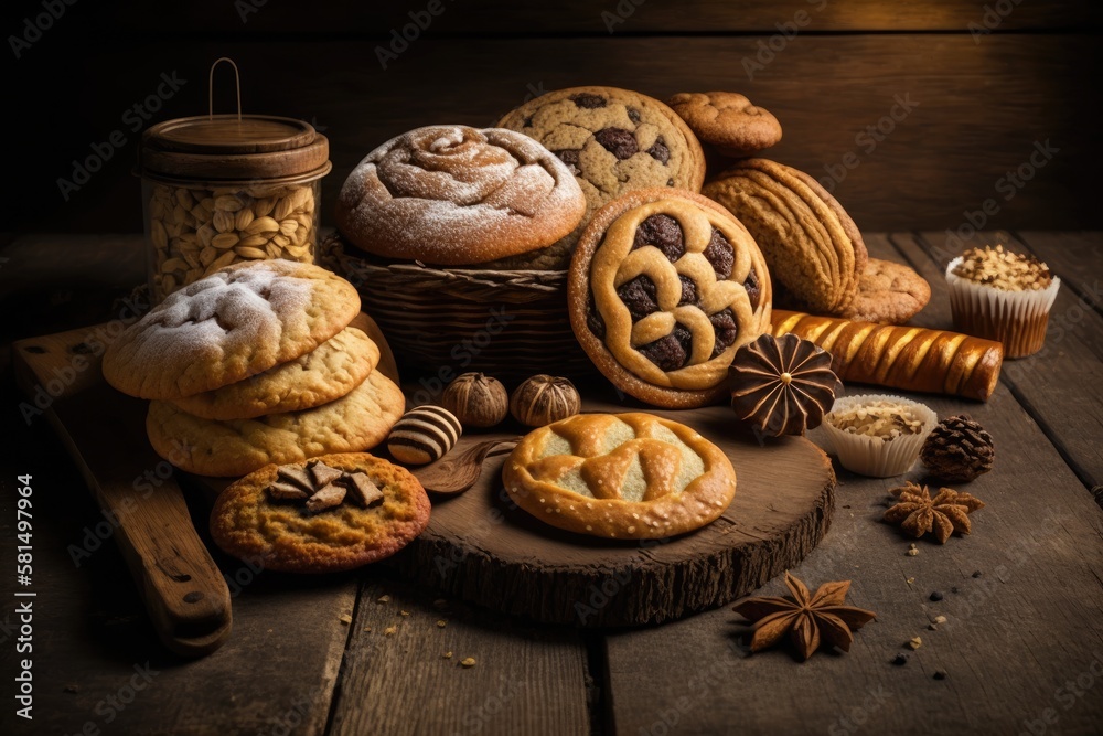 baked goods against a wooden background. Generative AI