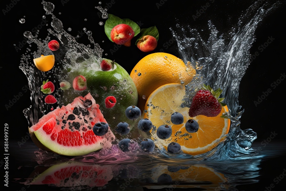 A large, black background with a variety of fresh fruits and water splashes is in the foreground. fo