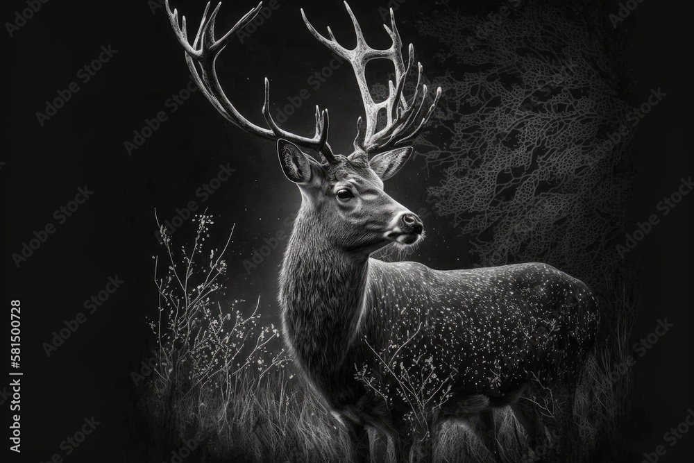 Dark backdrop with deer. Image in black and white. Generative AI