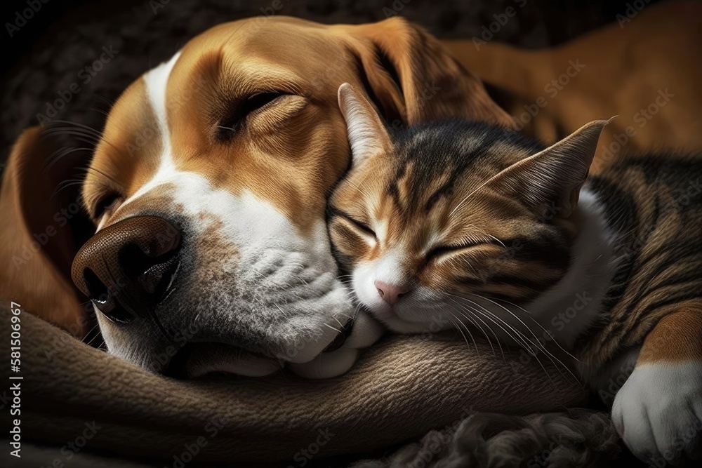 sleeping canine and feline. pets cuddling during sleeping. Generative AI