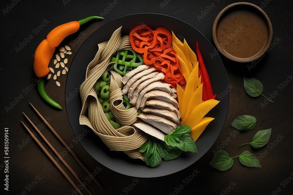 the idea of Asian food. Durum flour wheat noodles with chicken and veggies. White and black sesame, 