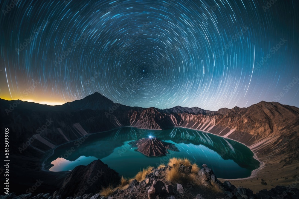 A Time Lapse Exposure Showing Star Trails Over the Crater Lake at Mount Rinjani, Indonesias Second 