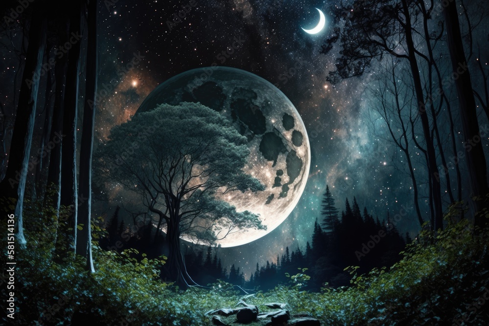 Milky Way And Moon In Night Forest NASA provided this illustration and its component parts. Generati