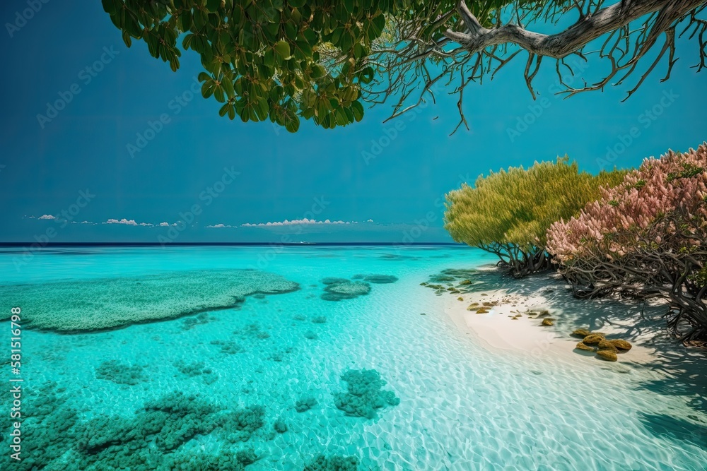 coral reef sea is turquoise. Beautiful blue skies, seas, and water. A beach in the Maldives on a sun