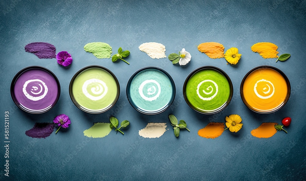  a group of four different colored bowls with different types of food inside of them on a blue surfa