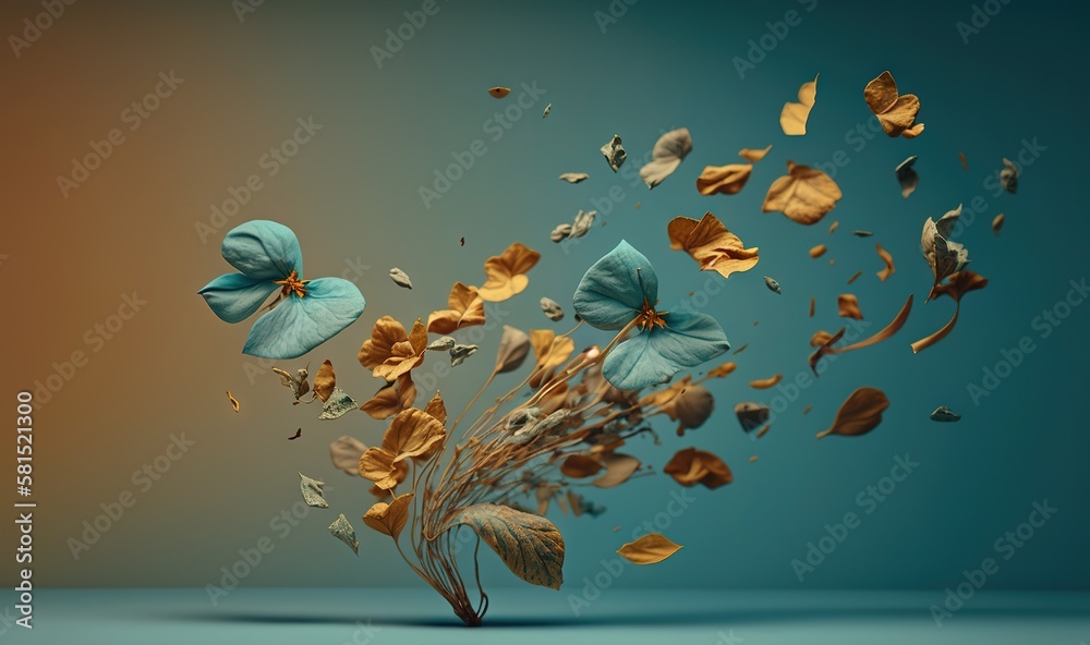  a bunch of flowers that are flying in the air with a blue sky in the background and a few butterfli