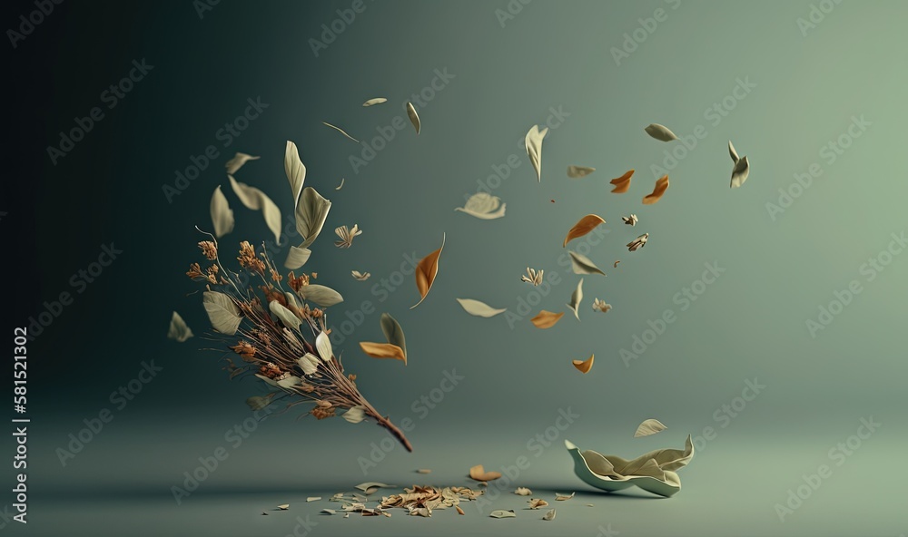  a bunch of leaves are falling off of a vase on the floor and a vase is on the floor with a flower i