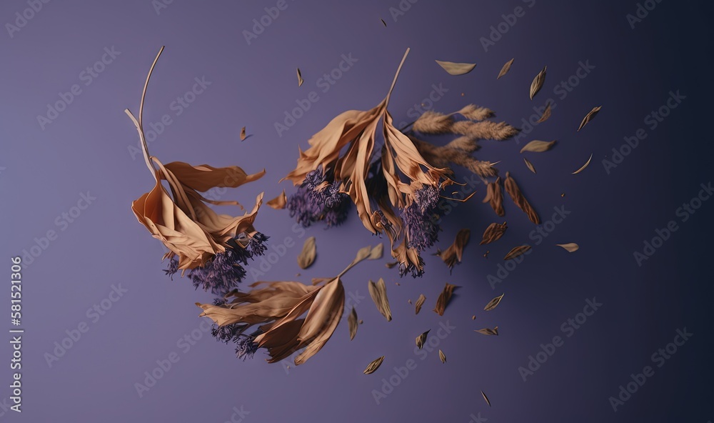  dried flowers and leaves on a purple background with a blue background and a purple background with