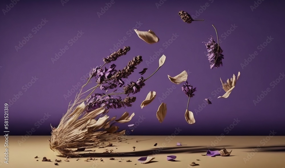  a bunch of dried flowers floating in the air on a purple background with a shadow of a plant on the