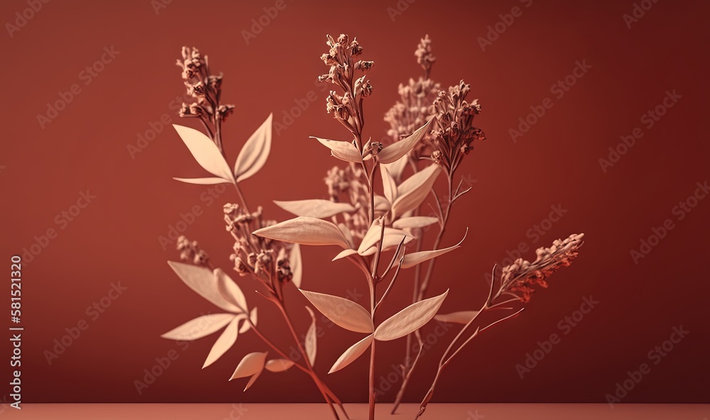  a vase filled with lots of flowers on top of a table next to a red wall and a red wall in the backr