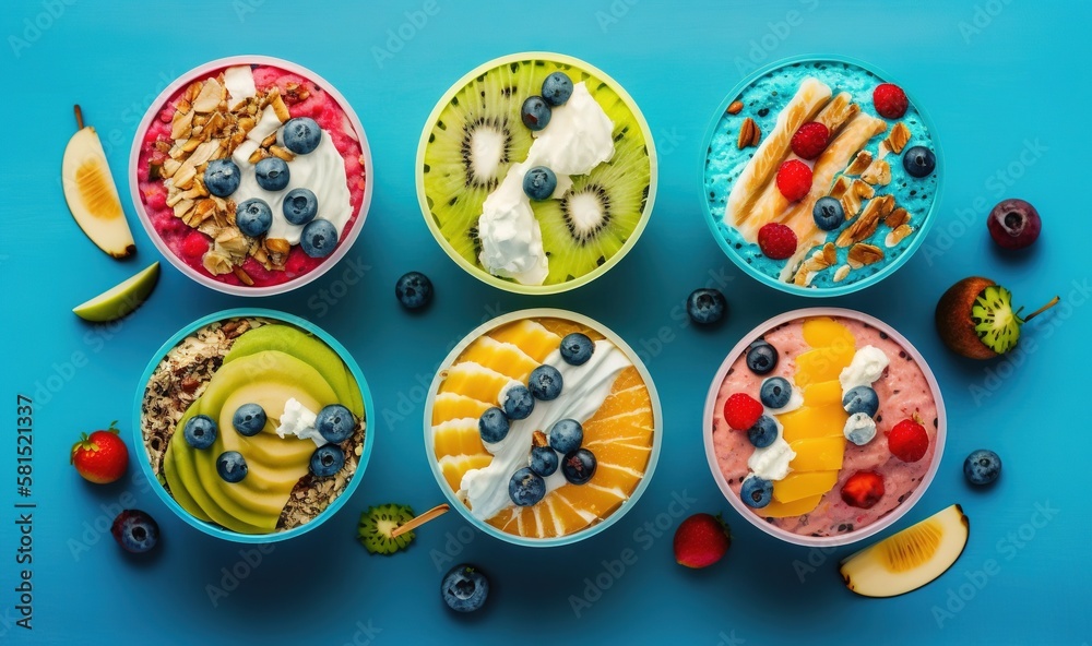  four bowls of fruit and yogurt on a blue surface with a banana, kiwi, blueberries, and kiwis.  gene