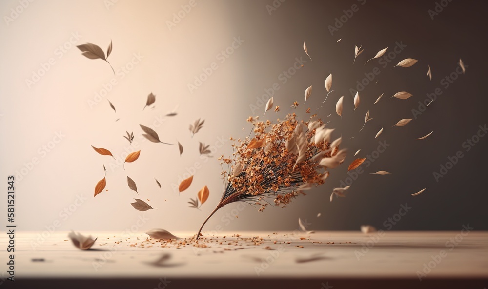  a dried plant with leaves falling off of its stem on a wooden table with a gray background and a w