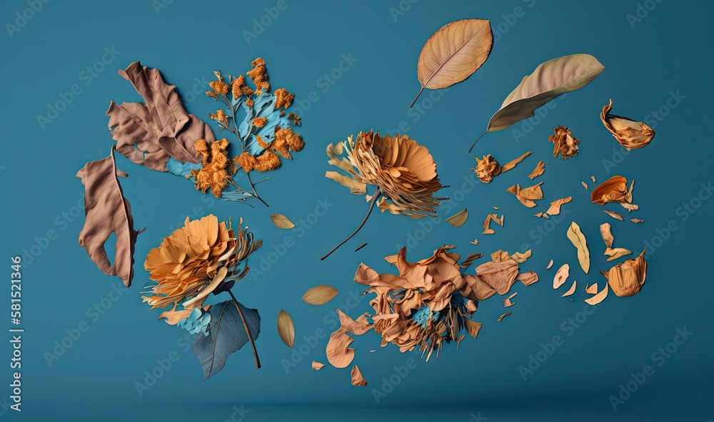  a group of dried flowers and leaves on a blue background with space for a text or a picture to put 